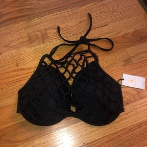 Black Halter Caged Bikini Top (34D/DD)